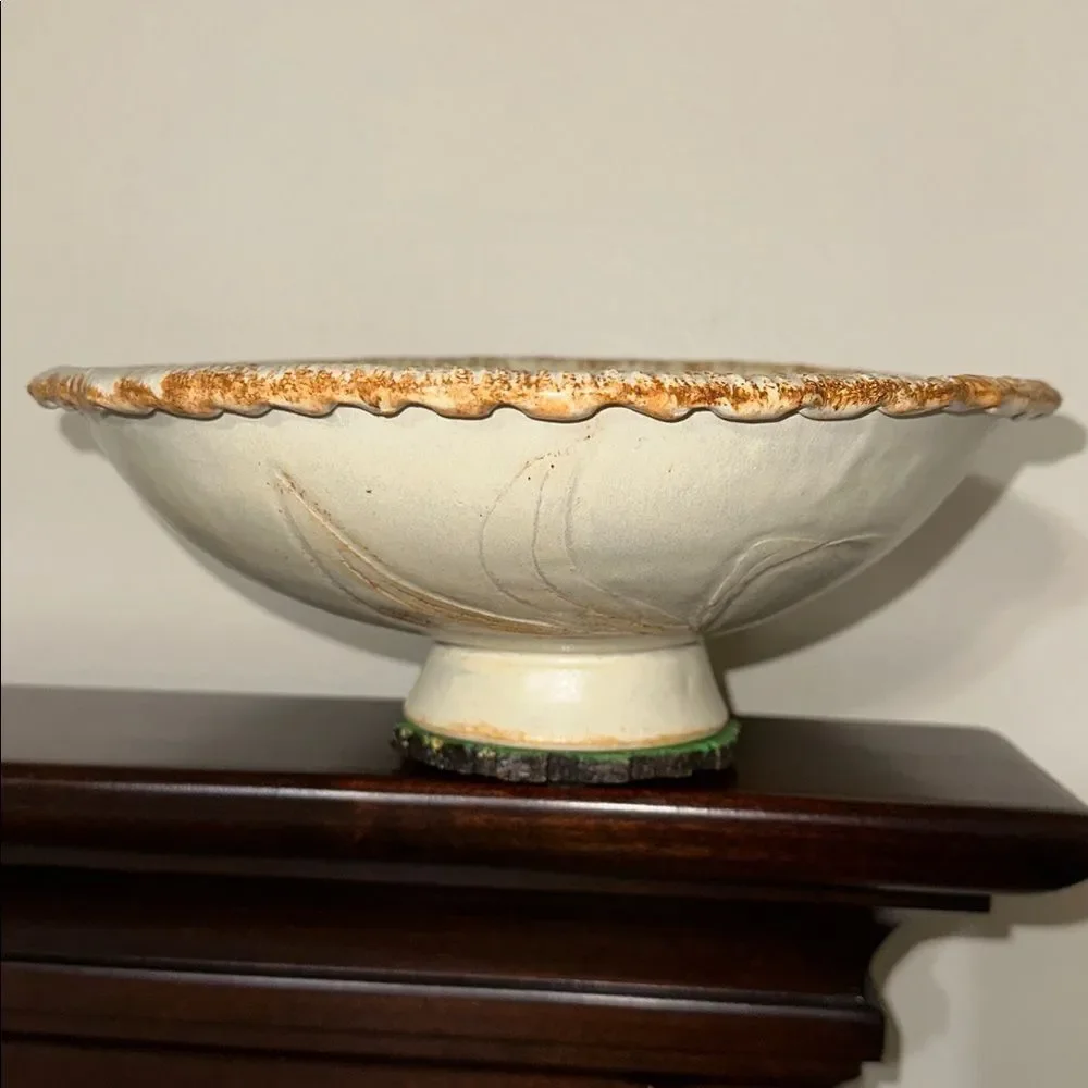 Vintage Hand Made Pottery Bowl Ivory Wheat Leaves